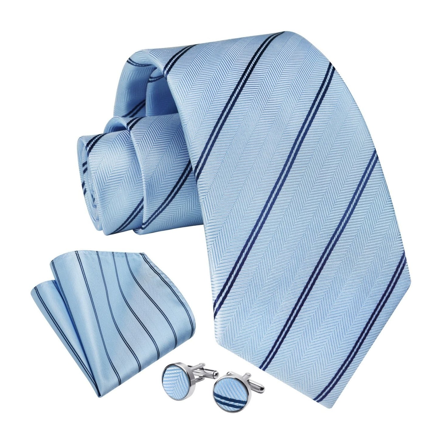 Hisdern Light Blue Striped Business Accessories Set with Cufflinks