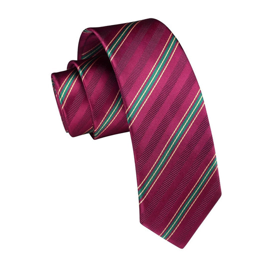Hisdern Striped Print Skinny Tie Slim 2.17'' Formal Burgundy Wedding Tie