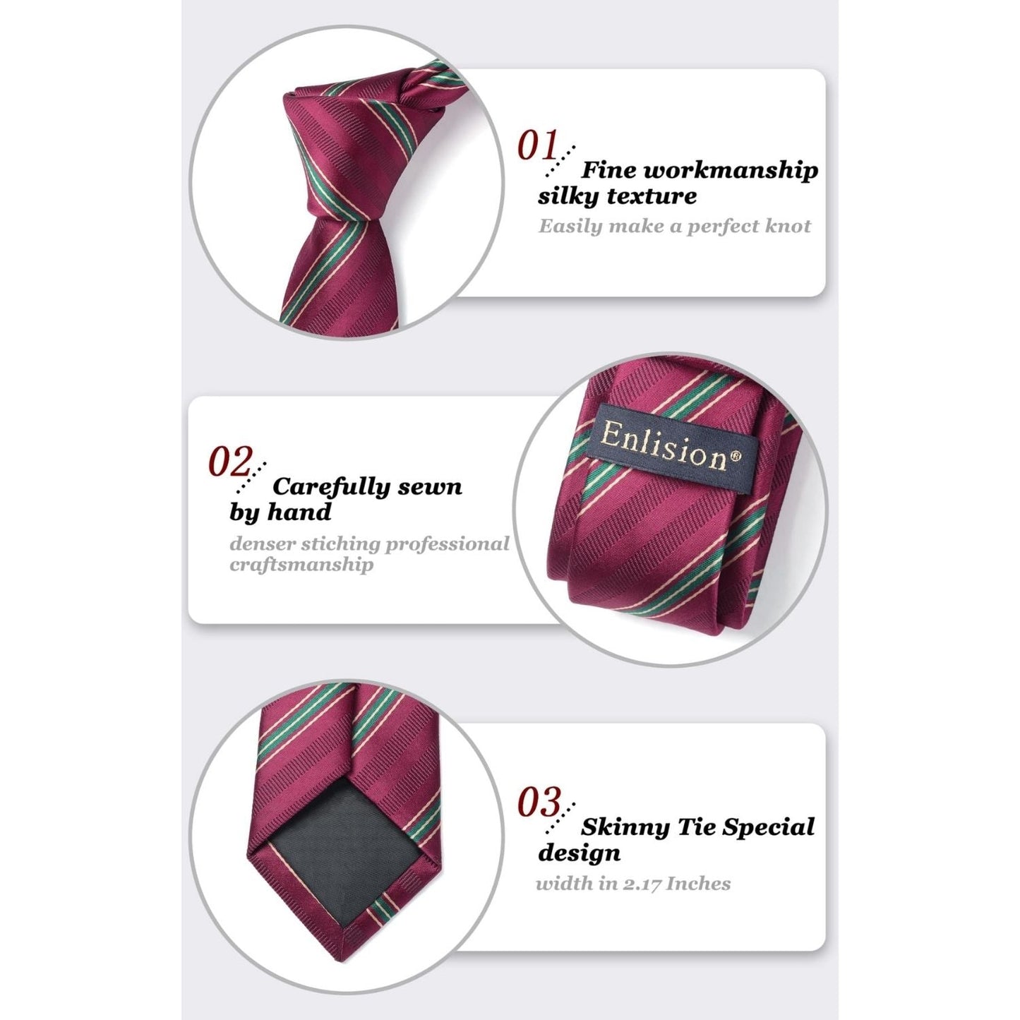 Hisdern Striped Print Skinny Tie Slim 2.17'' Formal Burgundy Wedding Tie