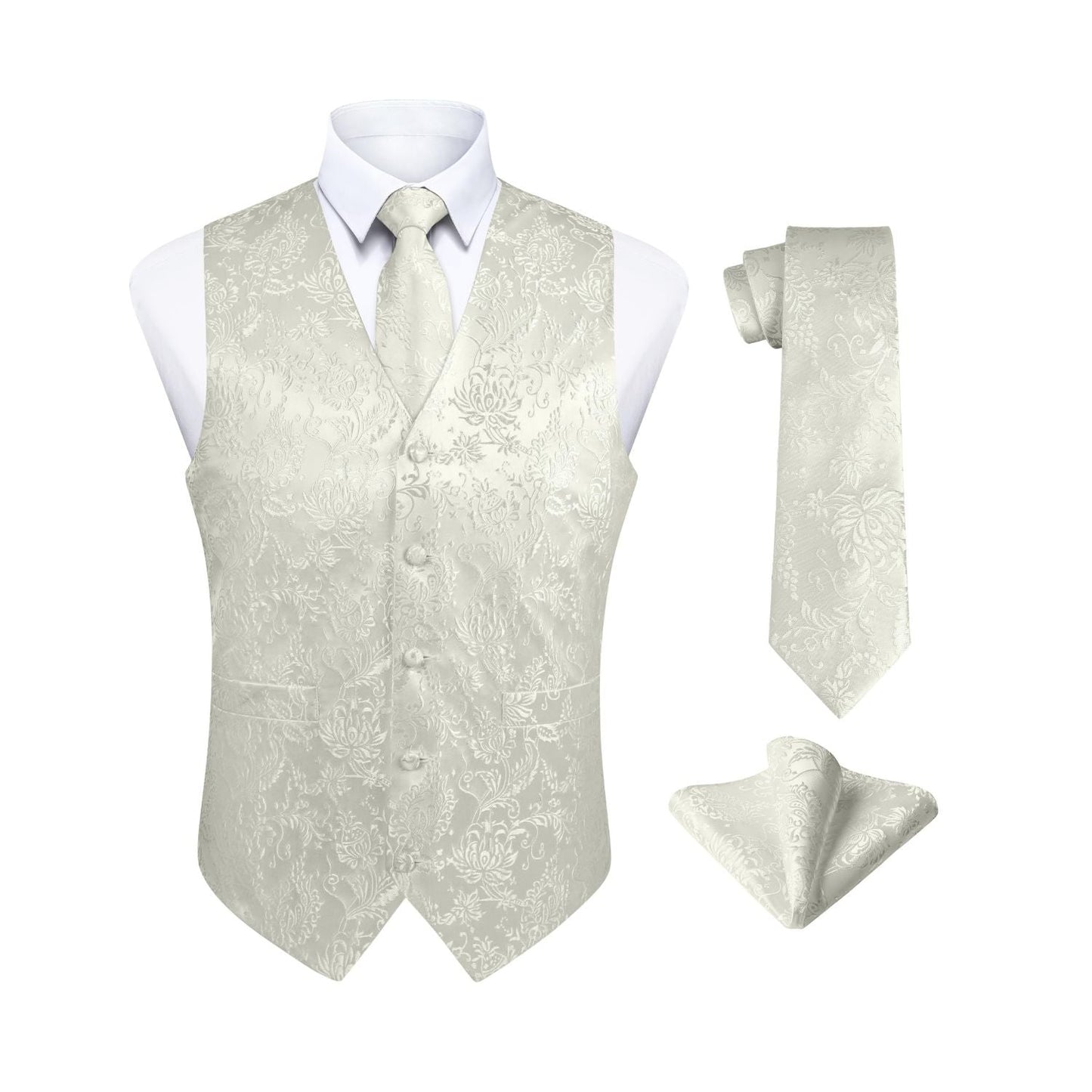 Hisdern Men's White Floral Vest Tie Set For Weddings