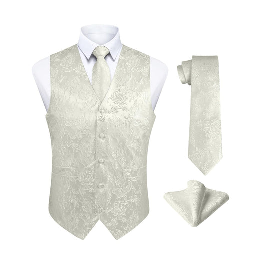 Hisdern Men's White Floral Vest Tie Set For Weddings