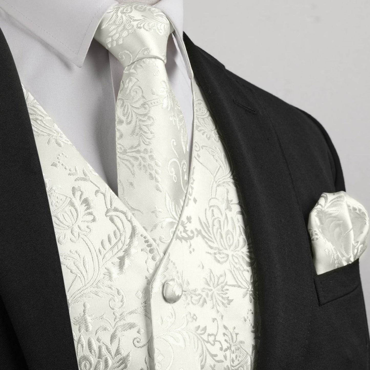 Hisdern Men's White Floral Vest Tie Set For Weddings
