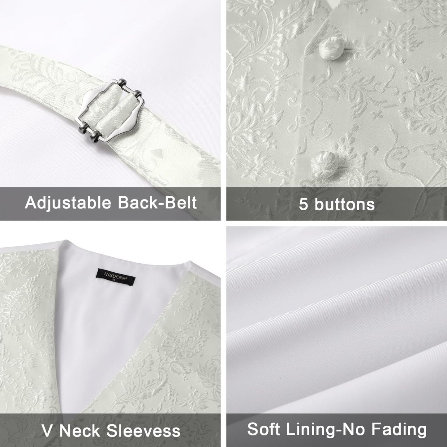 Hisdern Men's White Floral Vest Tie Set For Weddings