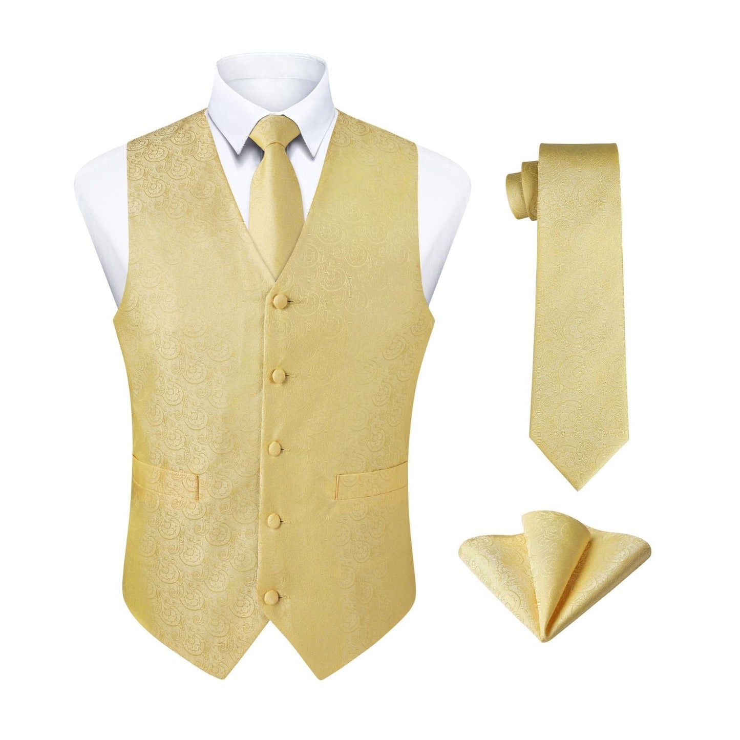 Hisdern Men's Yellow Floral Vest Tie Set For Weddings