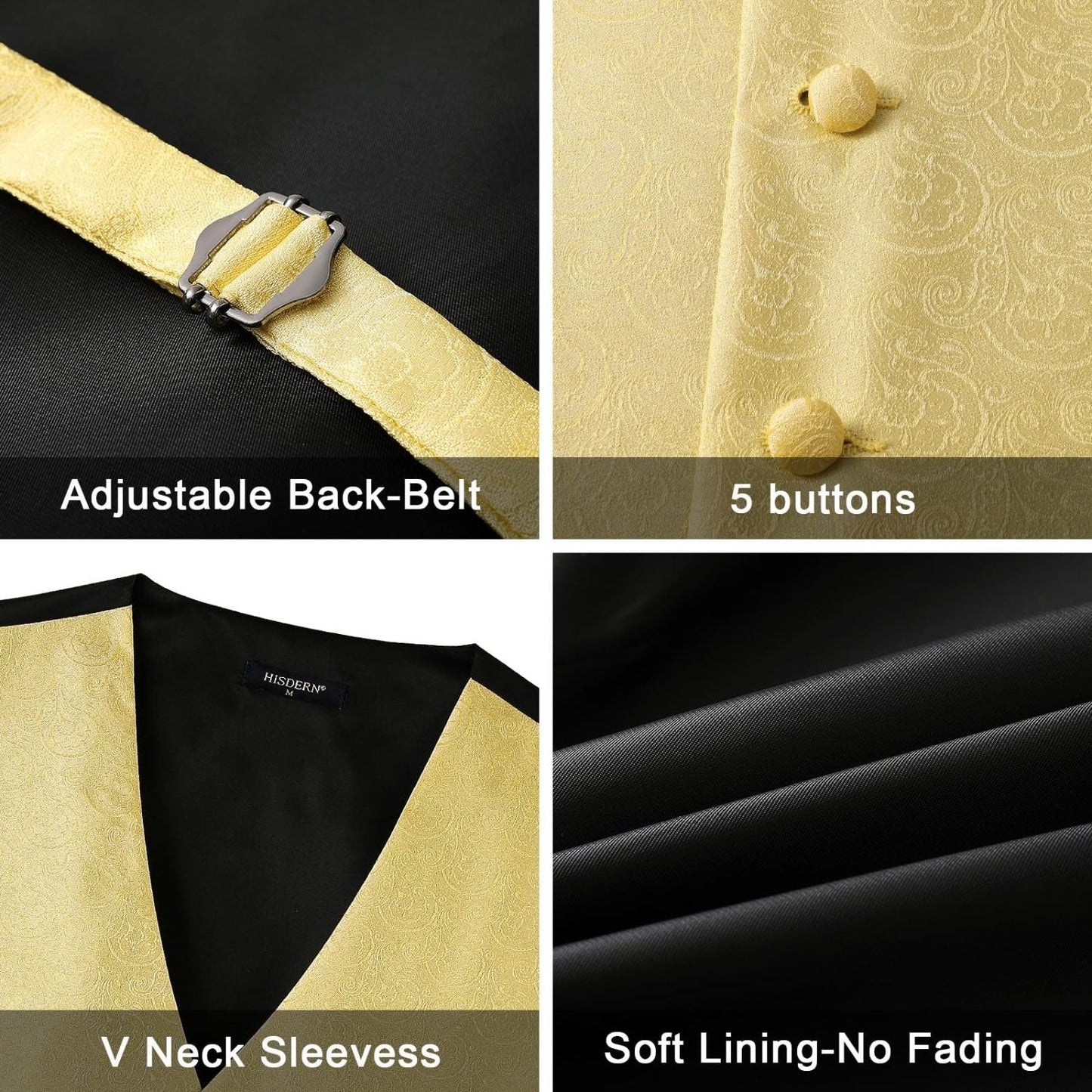 Hisdern Men's Yellow Floral Vest Tie Set For Weddings