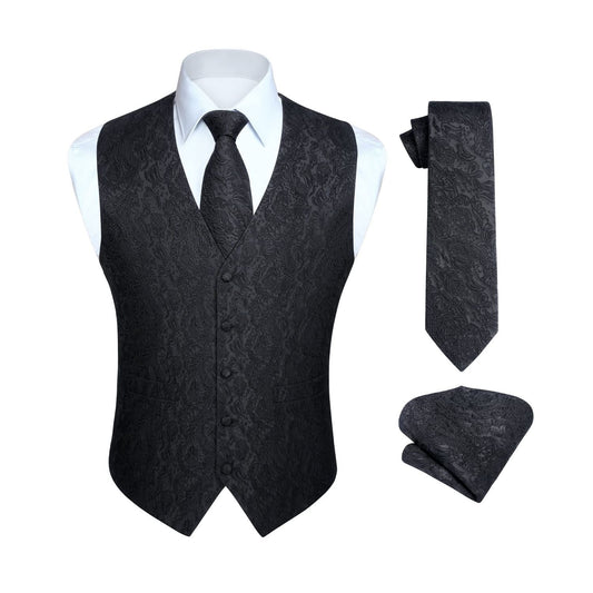 Hisdern Men's Black Paisley Vest Tie Set For Weddings Anniversary