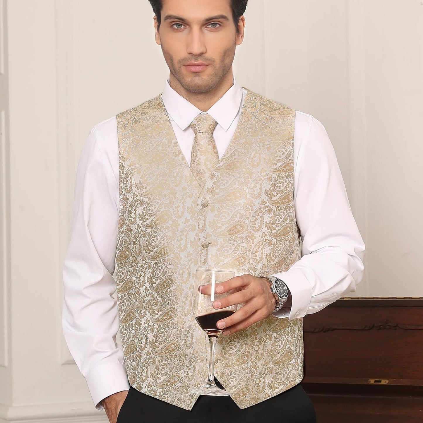 Hisdern Men's Champagne Gold Paisley Vest Tie Set For Weddings