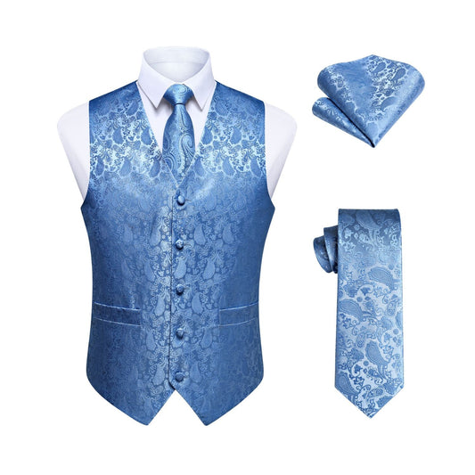 Hisdern Men's Baby Blue Paisley Vest Tie Set For Weddings