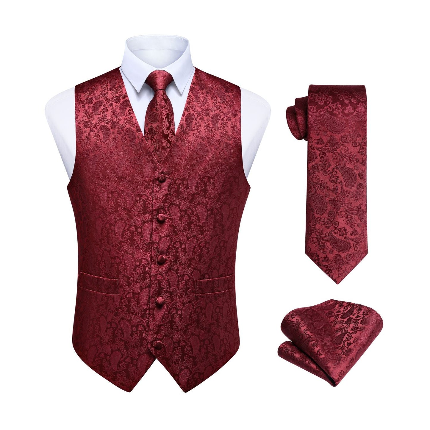 Hisdern Men's Wine Red Paisley Suit Vest Set For Weddings