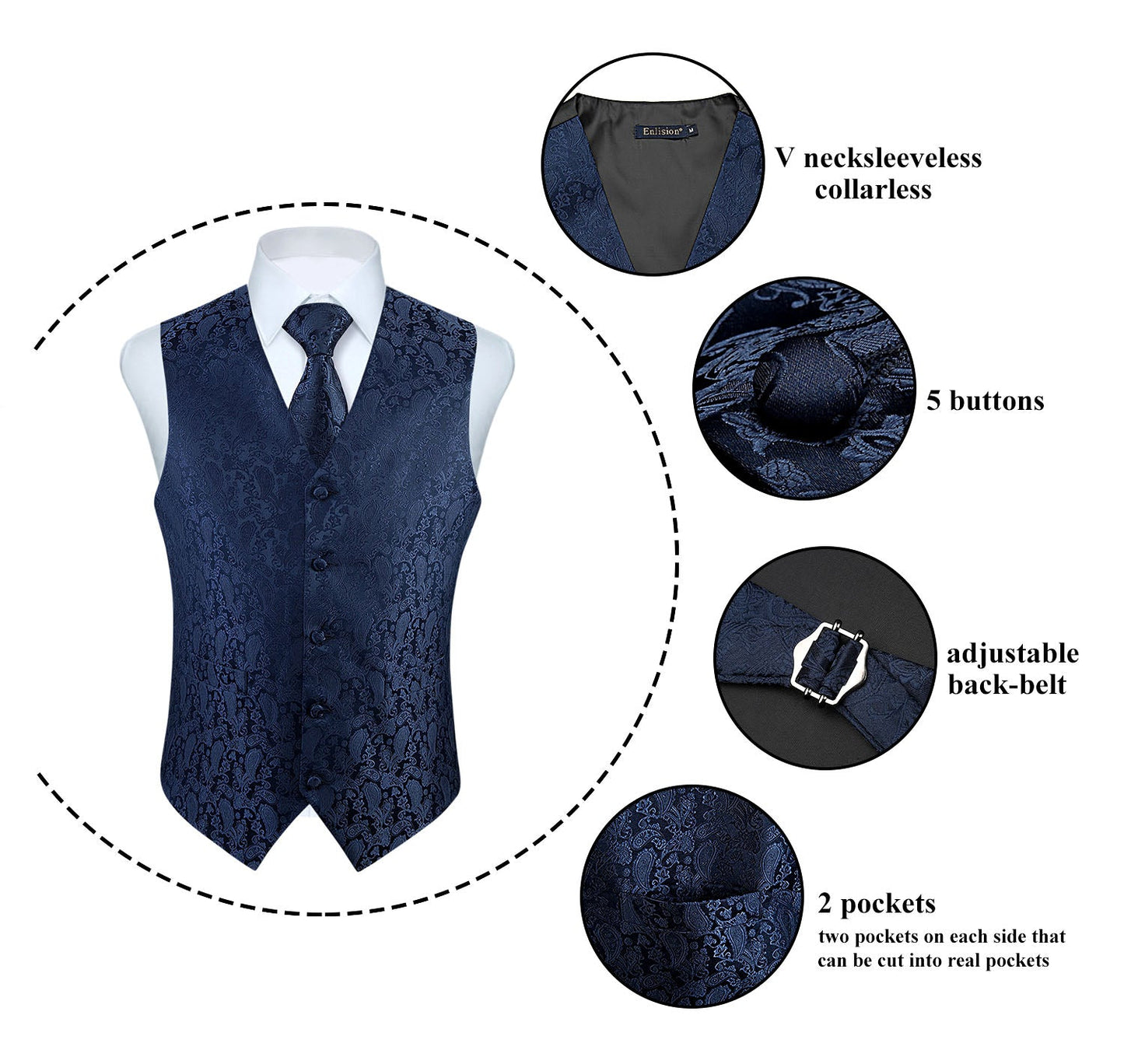 Hisdern Men's Navy Blue Paisley Vest Tie Set For Weddings Anniversary