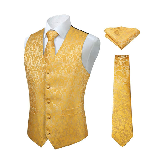 Hisdern Men's Yellow Paisley Vest Tie Set For Weddings