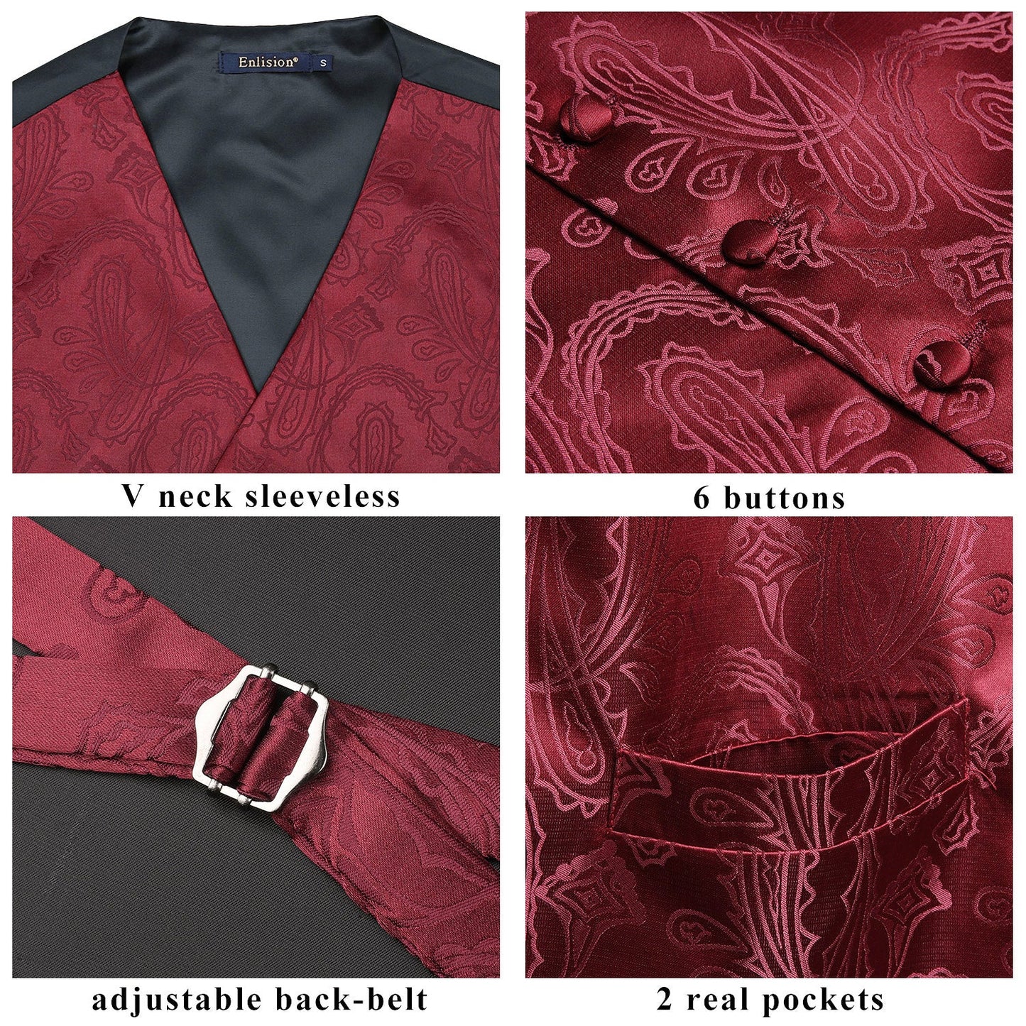 Hisdern Men's Burgundy Paisley Vest Tie Set For Weddings Anniversary