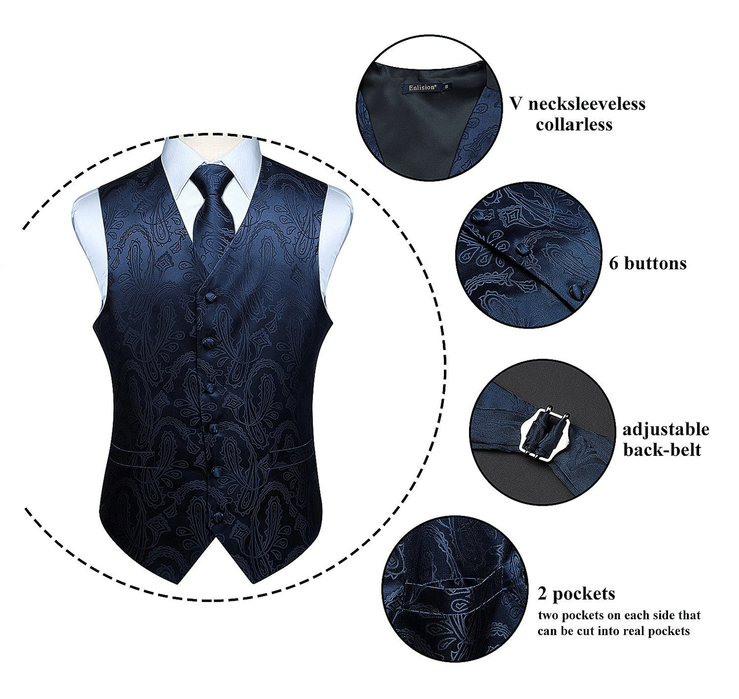 Hisdern Navy Blue Paisley Suit Vest Tie Handkerchief Set For Wedding