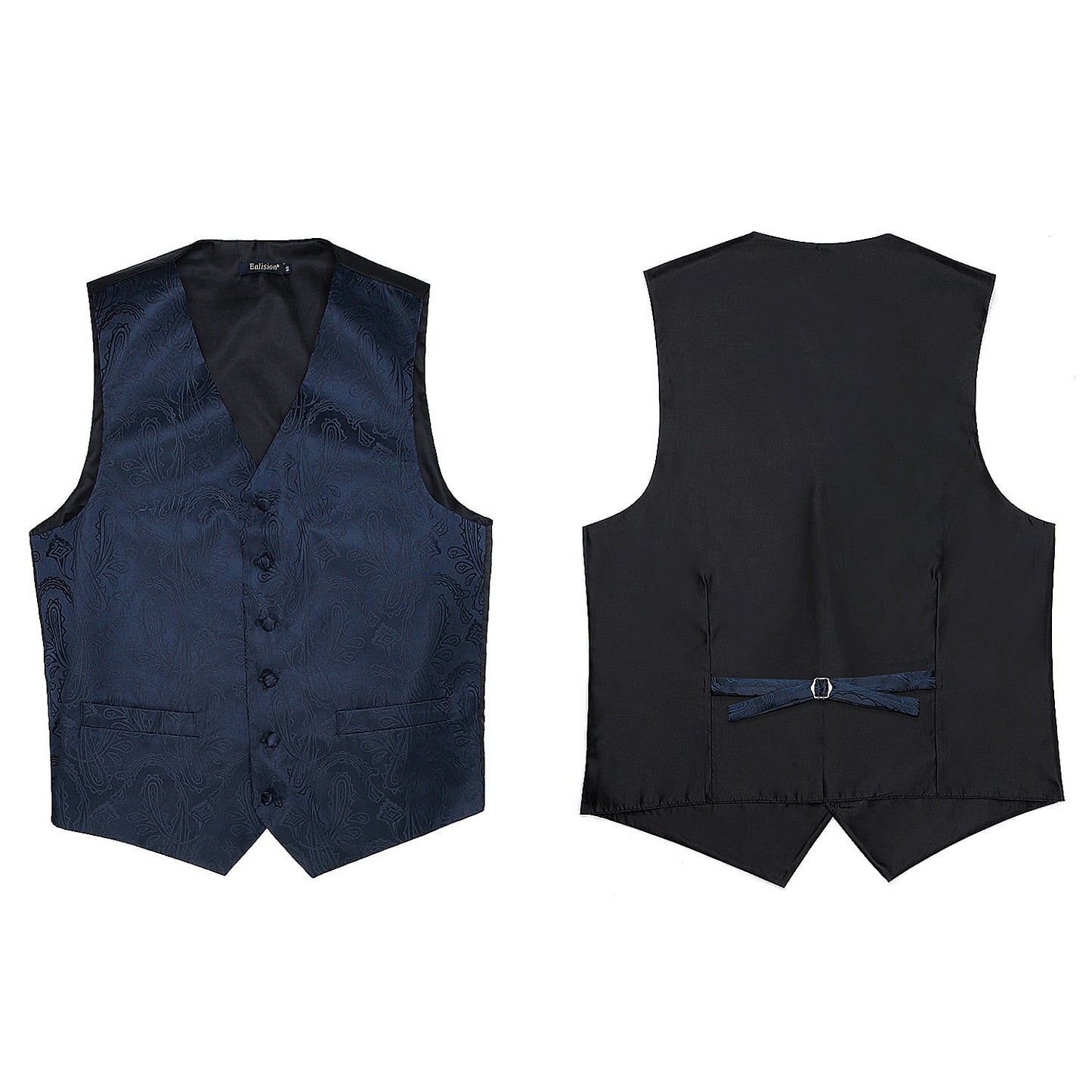 Hisdern Navy Blue Paisley Suit Vest Tie Handkerchief Set For Wedding