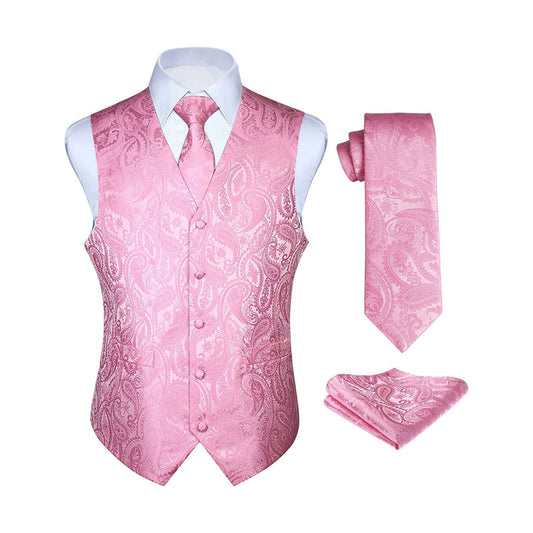 Hisdern Men's Pink Paisley Vest Tie Set For Weddings Anniversary