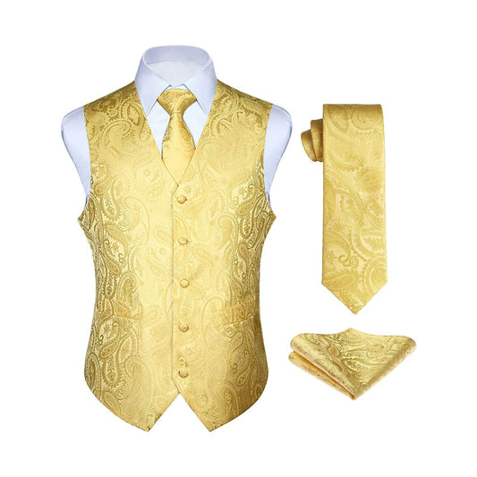 Hisdern Men's Yellow Paisley Vest Tie Set For Weddings Anniversary