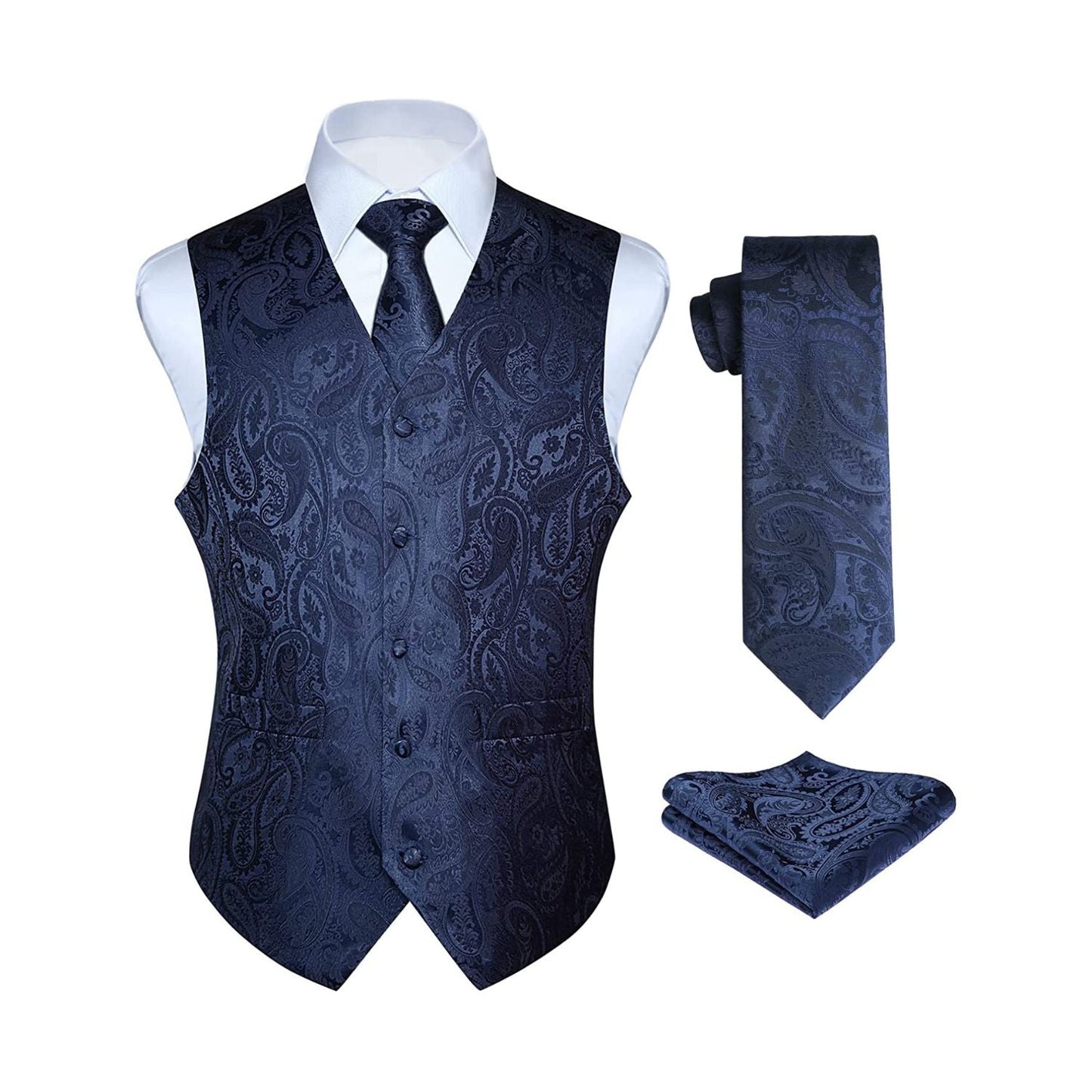 Hisdern Men's Navy Blue Brown Paisley Vest Tie Set For Weddings Anniversary