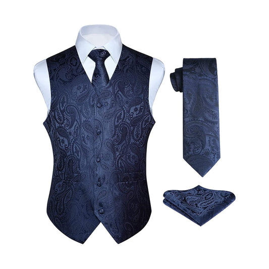 Hisdern Men's Navy Blue Brown Paisley Vest Tie Set For Weddings Anniversary