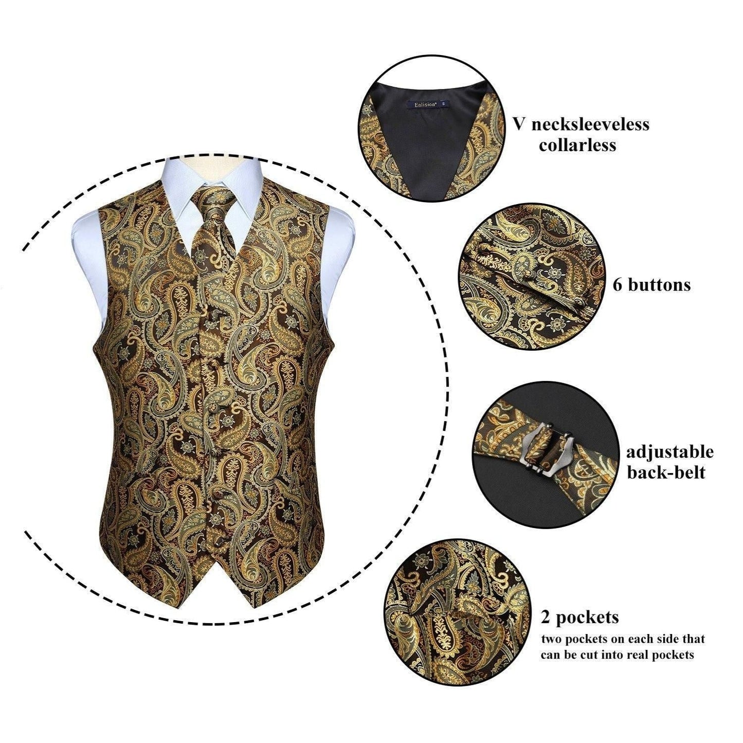 Hisdern Men's Gold Paisley Vest Tie Set For Weddings