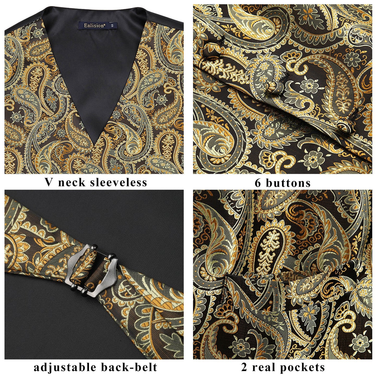 Hisdern Men's Gold Paisley Vest Tie Set For Weddings