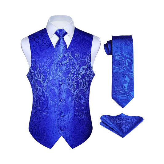 Hisdern Men's Royal Blue Paisley Vest Tie Set For Weddings Anniversary