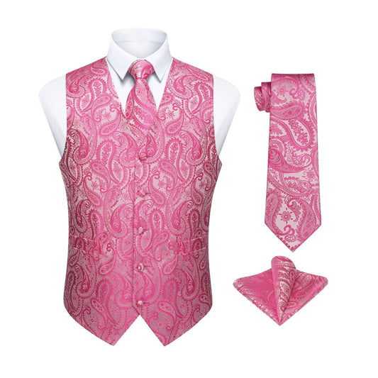 Hisdern Men's Pink Paisley Vest Tie Set For Weddings Anniversary