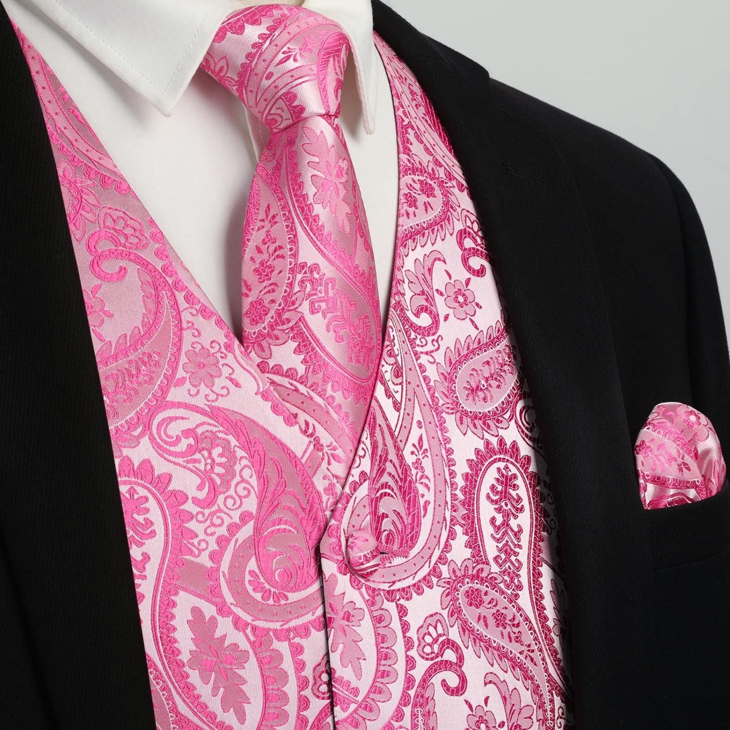 Hisdern Men's Pink Paisley Vest Tie Set For Weddings Anniversary