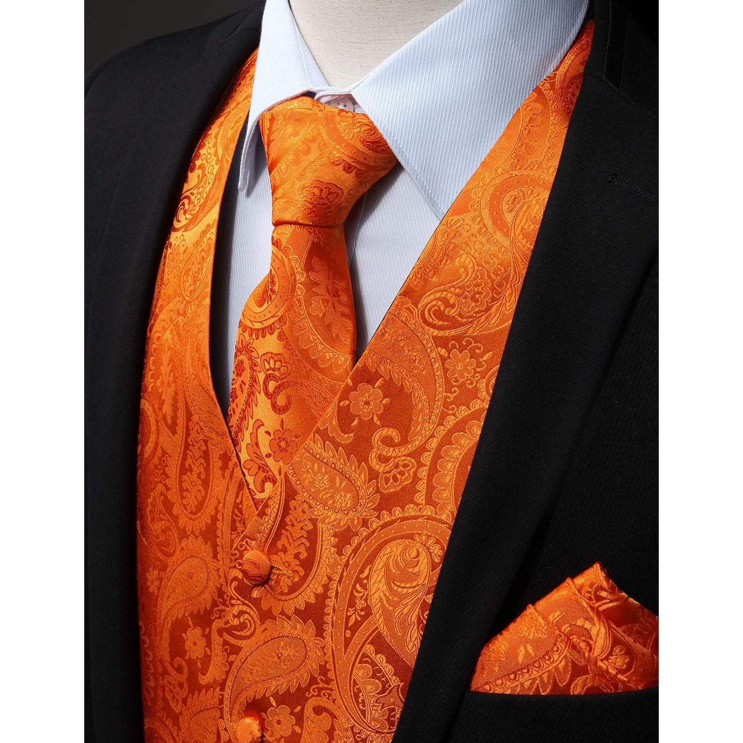 Hisdern Men's Orange Paisley Vest Tie Set For Weddings