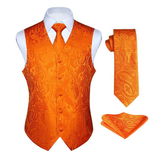 Hisdern Men's Orange Paisley Vest Tie Set For Weddings