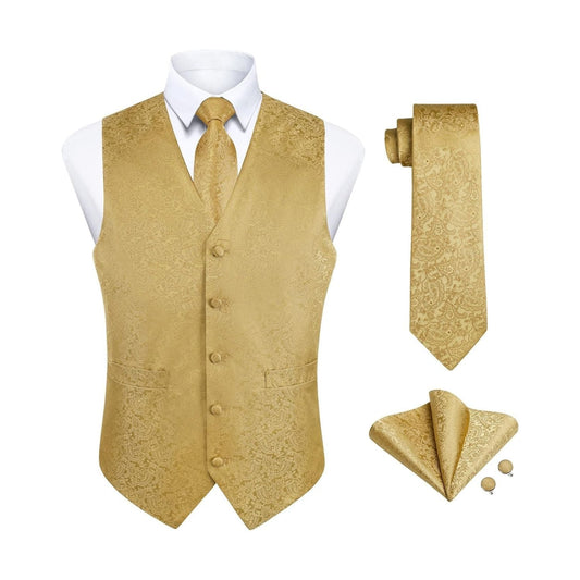 Hisdern Men's Gold Paisley Vest Tie Set For Weddings