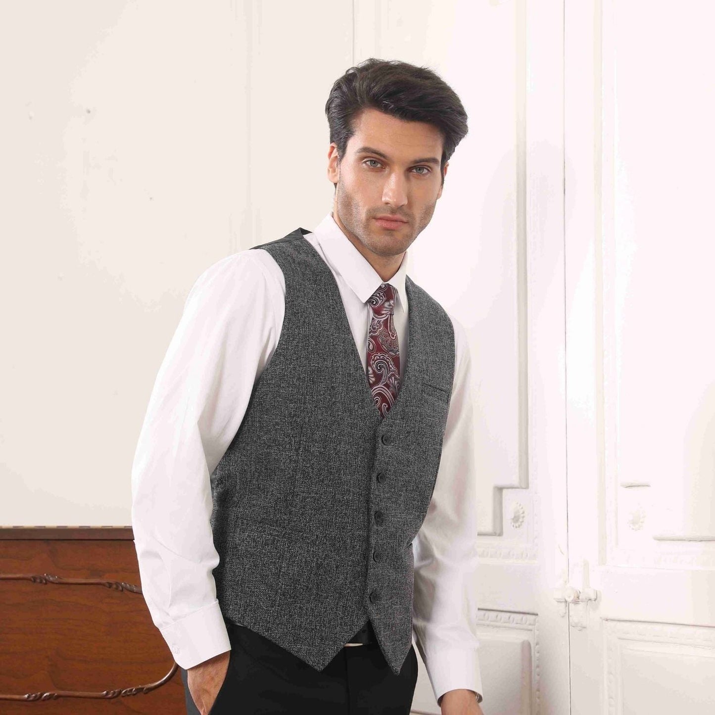 Hisdern Men's Grey Wool Blend Suit Vest Formal Wear