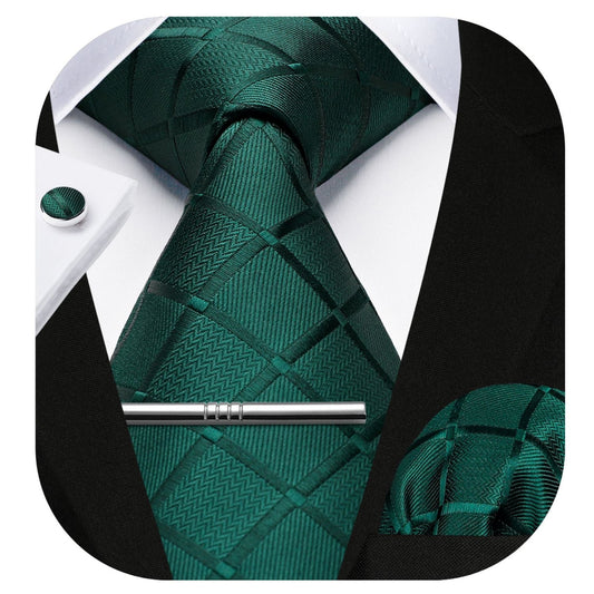 Hisdern Dark Green Plaid Wedding Accessories Set with Cufflinks Clip