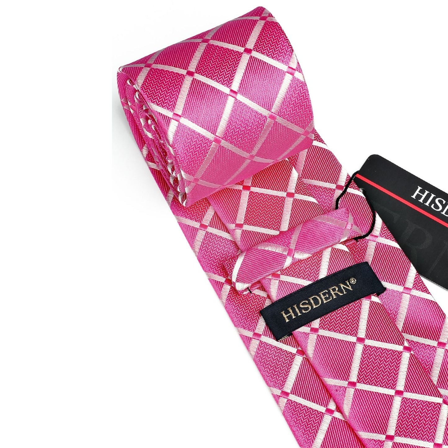 Hisdern Pink Plaid Pocket Square With Matching Tie