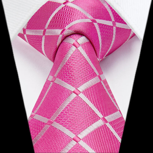 Hisdern Pink Plaid Pocket Square With Matching Tie
