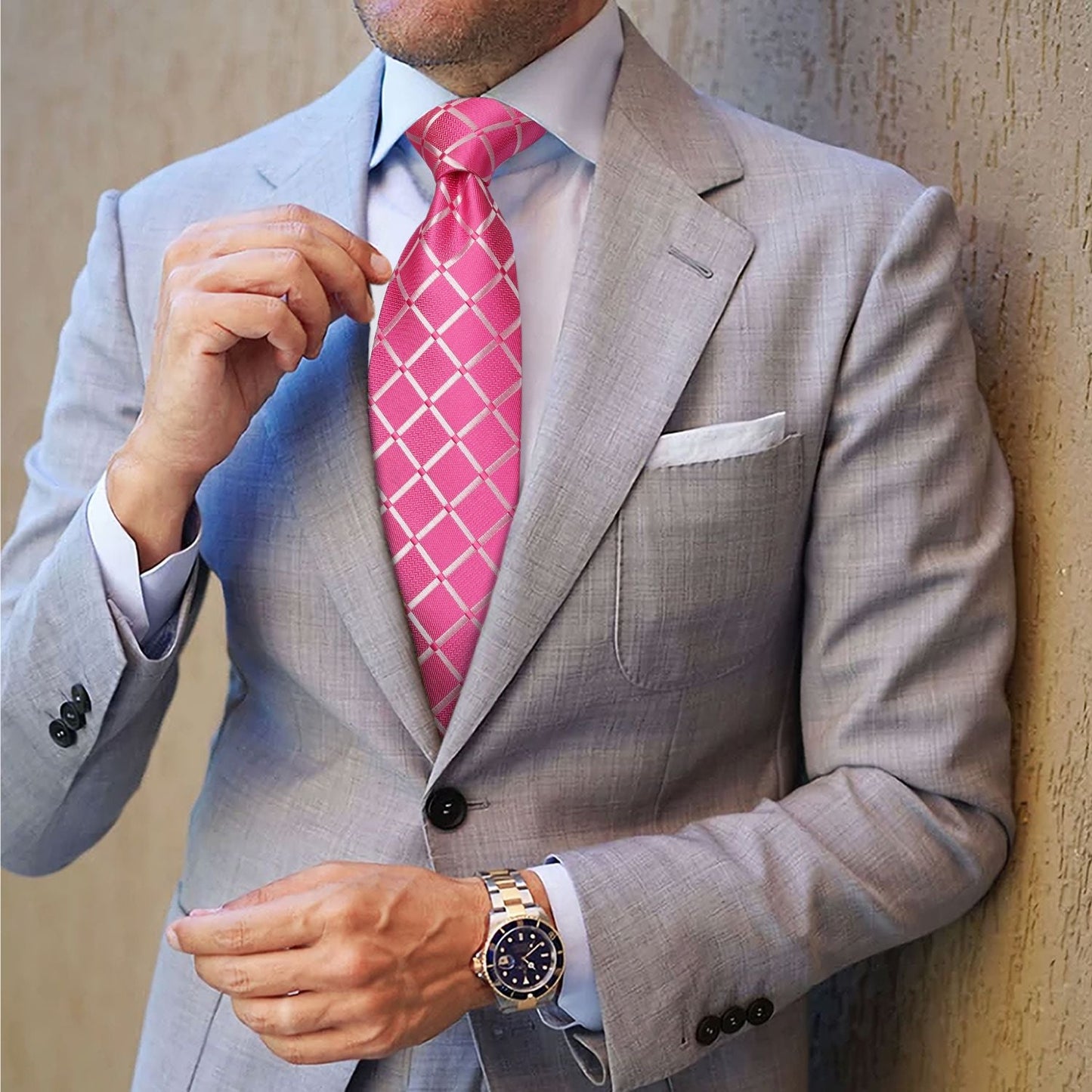 Hisdern Pink Plaid Pocket Square With Matching Tie
