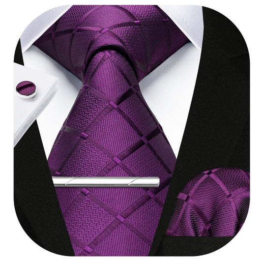 Hisdern Purple Plaid Wedding Accessories Set with Cufflinks Clip