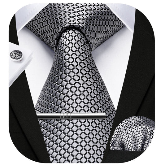 Hisdern Silver Plaid Wedding Accessories Set with Cufflinks Clip