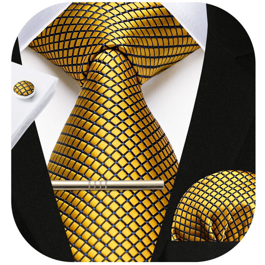 Hisdern Gold Plaid Wedding Accessories Set with Cufflinks Clip