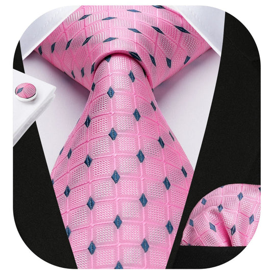 Hisdern Pink Plaid Wedding Accessories Set with Cufflinks