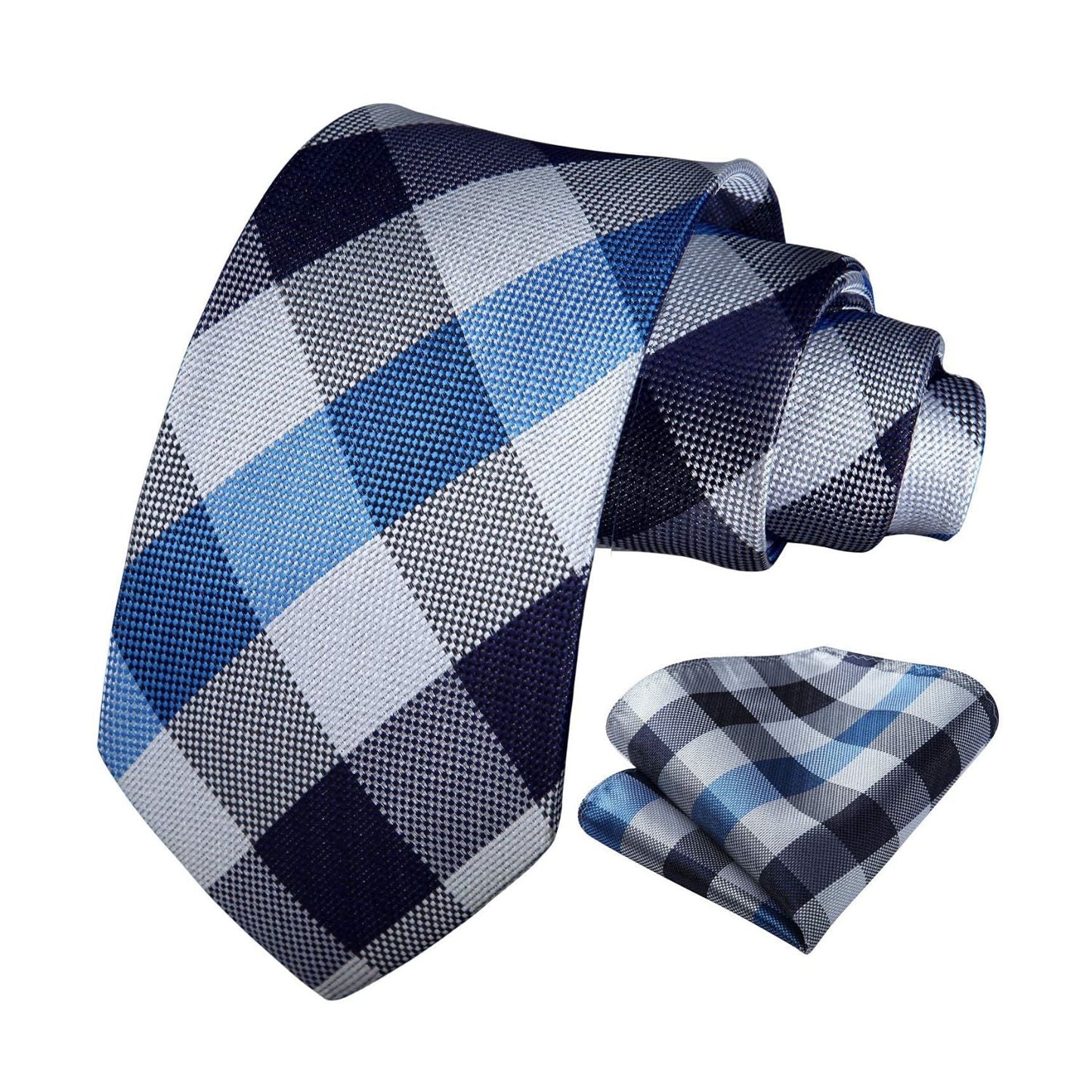 Hisdern Blue Plaid Pocket Square With Matching Tie