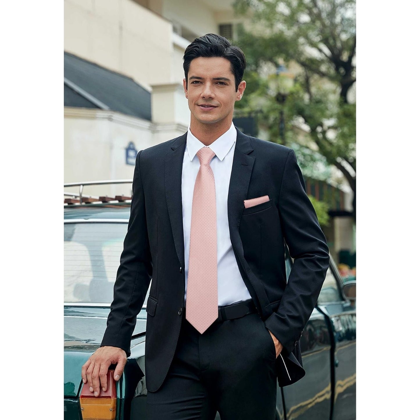 Hisdern Blush Pink Plaid Tie Set For Groomsmen