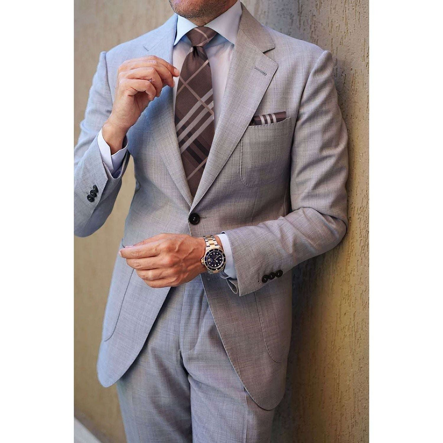 Hisdern Brown Plaid Tie Set For Groomsmen
