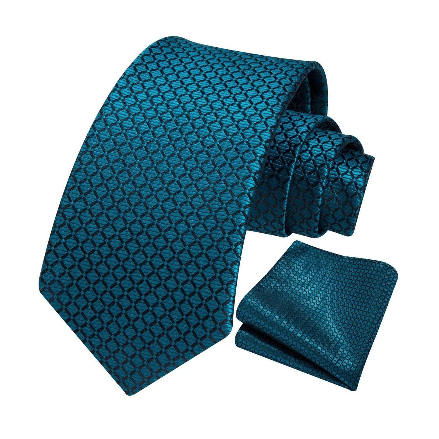 Hisdern Teal Plaid Pocket Square With Matching Tie