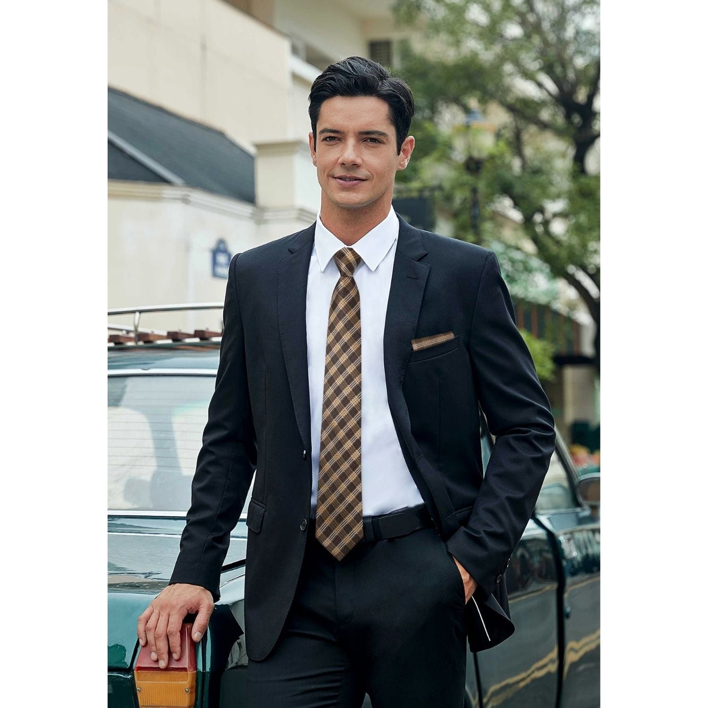 Hisdern Brown Plaid Tie Set For Groomsmen