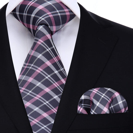 Hisdern Pink Plaid Tie Set For Groomsmen
