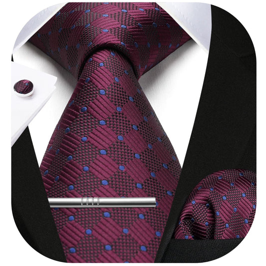 Hisdern Red Plaid Wedding Accessories Set with Cufflinks Clip