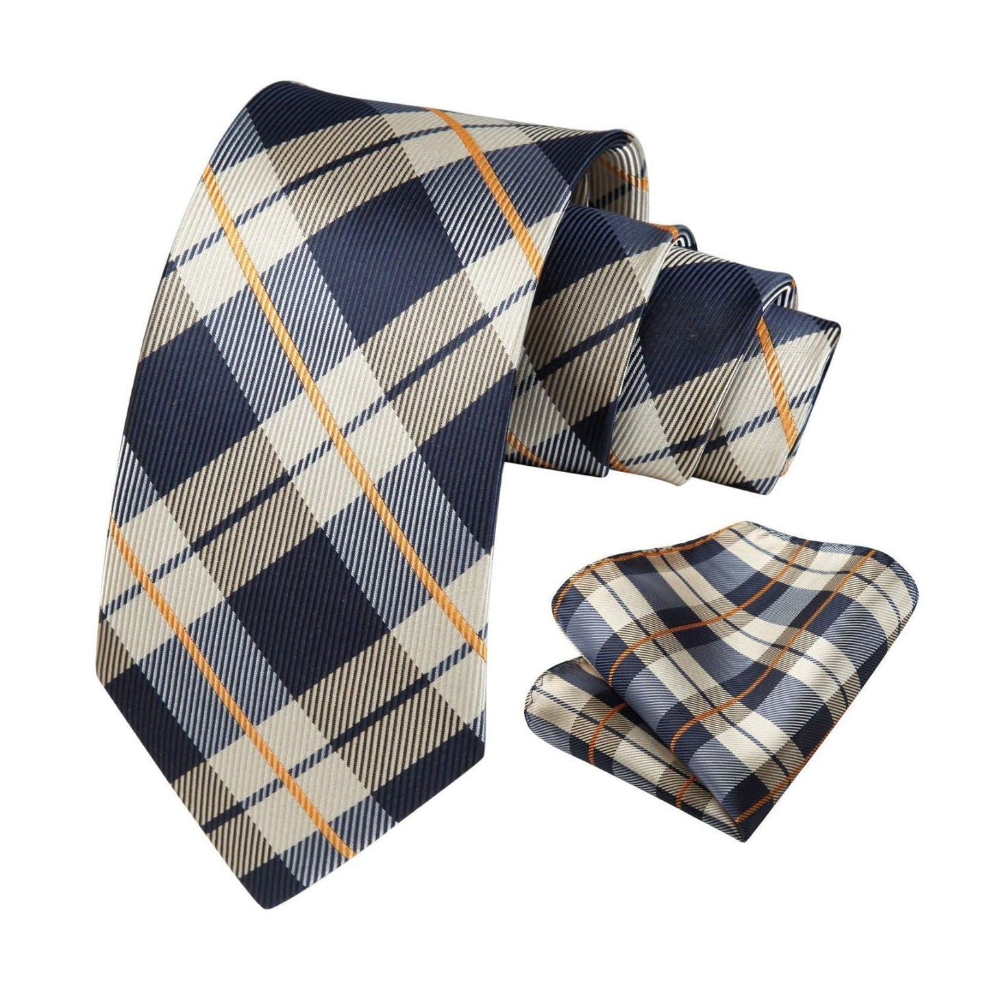 Hisdern Brown Navy Blue Plaid Tie Set For Groomsmen
