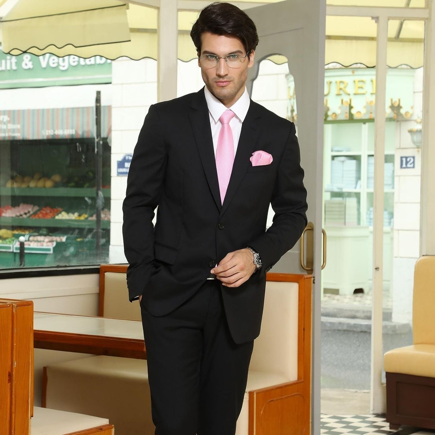 Hisdern Pink Houndstooth Business Tie Set with Cufflinks