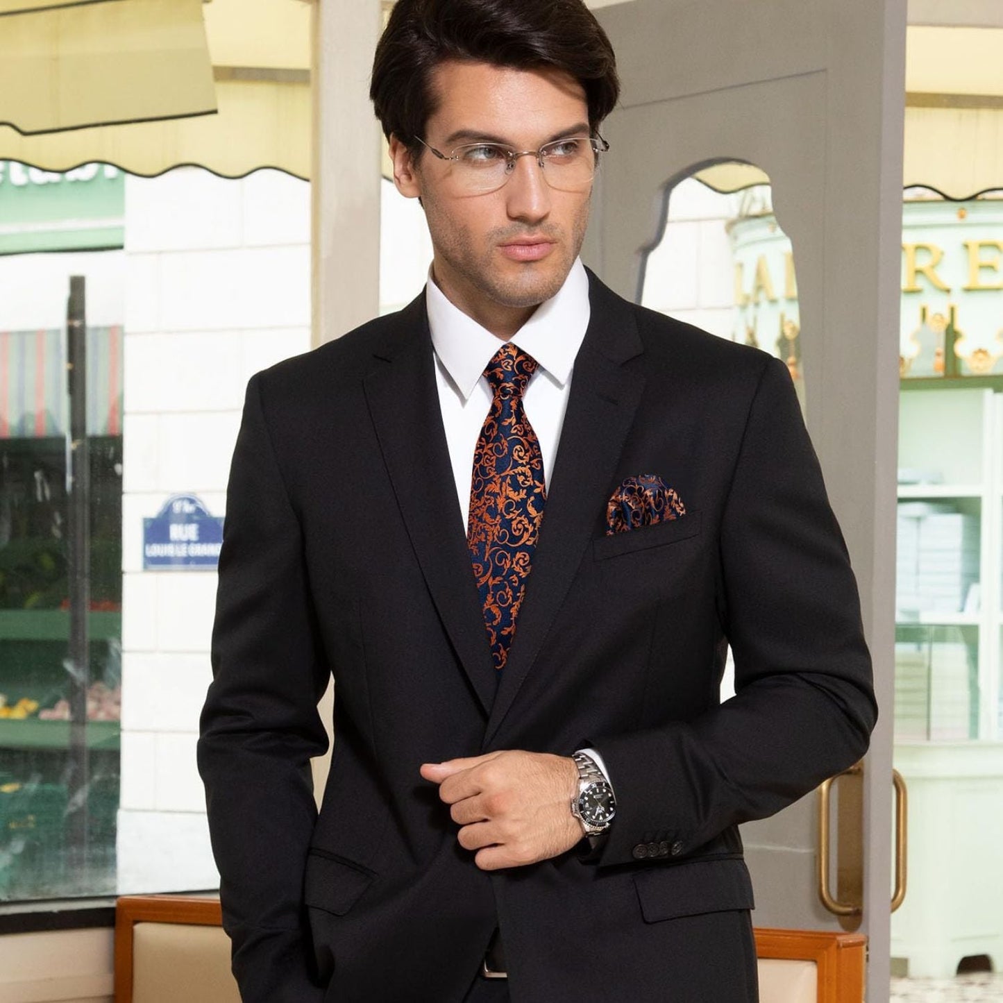 Hisdern Orange Navy Blue Paisley Tie Set For Formal Wear