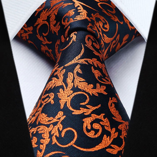 Hisdern Orange Navy Blue Paisley Tie Set For Formal Wear